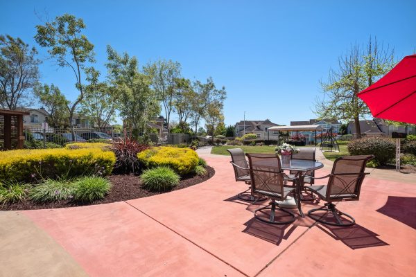 An outdoor seating area with four chairs and a table. There are bushes, trees, and a bright blue sky in the background.