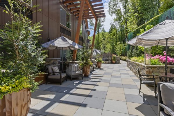 The outdoor seating area, with lots of trees in the background